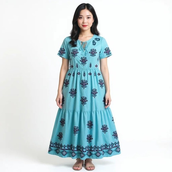 Sundance Blue Embroidered Boho Maxi Dress Sleeveless Summer Casual Plus XXL - Picture 2 of 14